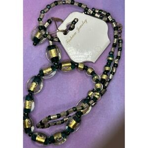 Green and‎ gold glass beaded necklace earrings jewelry set 26" Flapper Spring